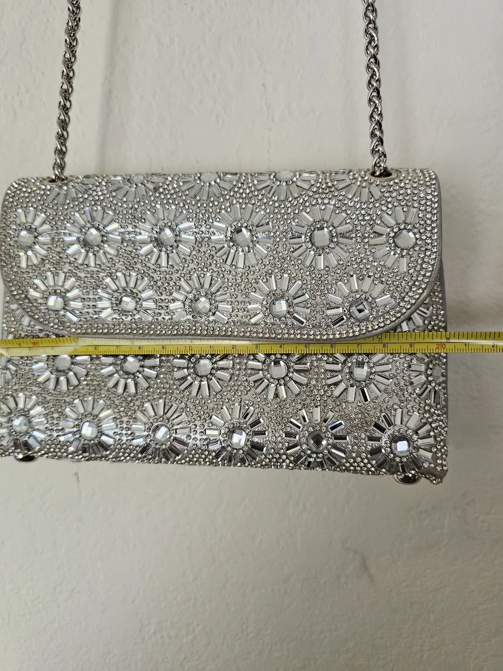 Rhinestone Embellished Silver Evening Clutch with Chain